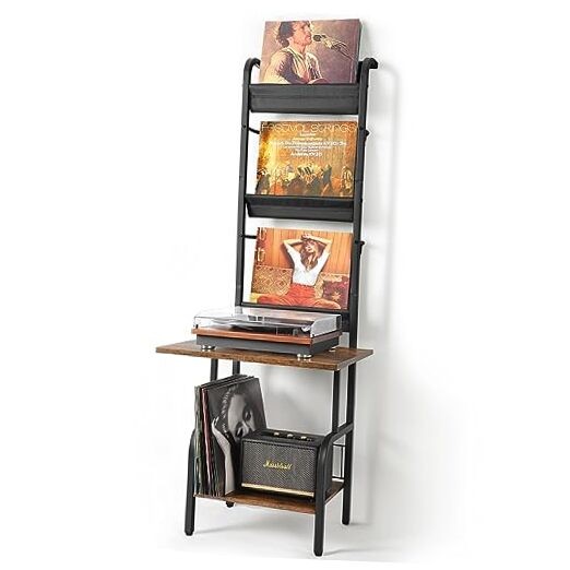 Mid-century modern record player stand with vinyl storage in black & brown wood  -image
