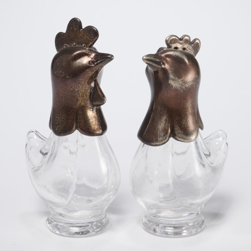 Silver Plate and Glass Vtg Chicken Hen Rooster Salt and Pepper Shaker Set