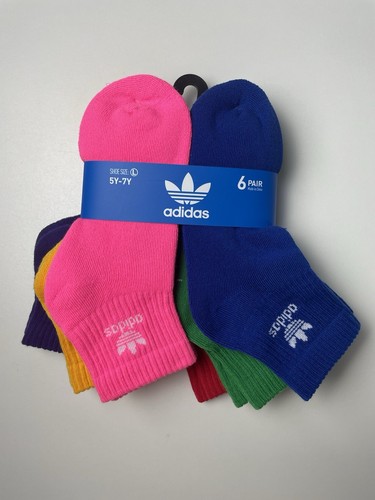 Adidas 6 Pairs Kids Youth Shoe Size 5Y - 7Y Trefoil Quarter Socks LARGE #068