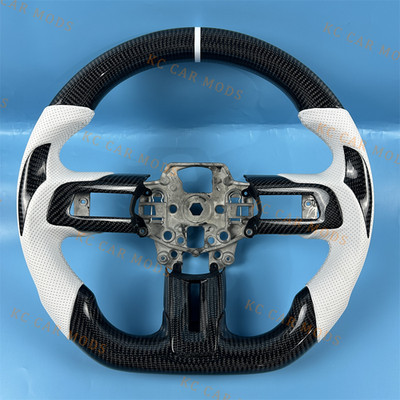 Custom white leather black carbon fiber steering wheel for Ford Mustang GT 