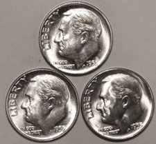 (3) Brilliant Uncirculated Roosevelt Dimes - 1955D 1955P 1955S - #5748DD
