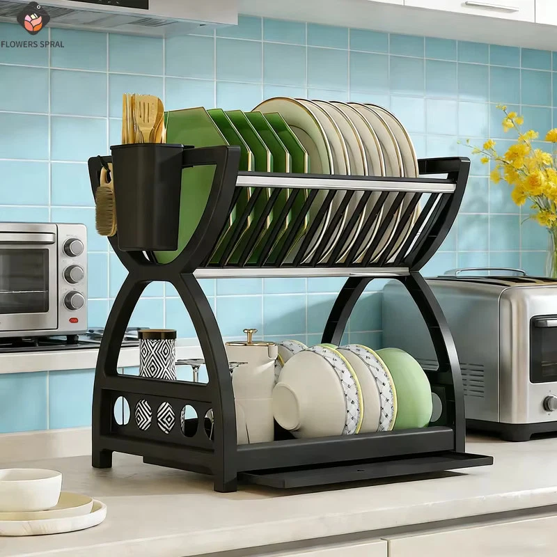 Kitchen Utensil Storage Rack Double Layer Dish Drain Organizer
