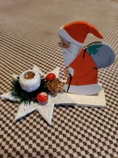 Vntg Christmas Erzgebirge? Emgee? German Flat Wood Santa Flocked Candle Holder