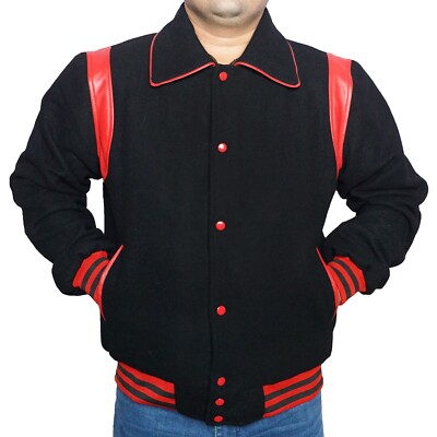 Men's Letterman Moto Biker Bomber New Baseball Sports Black Wool Varsity Jacket