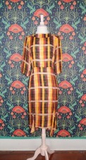 Nary Manivong Yellow Orange Silk Plaid Midi Sheath Pencil Flounce Dress