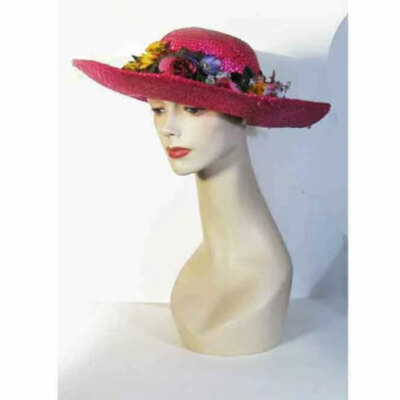 NWOT Gorgeous Hot Pink Straw Picture Hat Sz: Small Floral  display picture 1