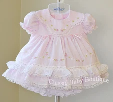 NWT Will'beth Pink Color Heirloom Lace 2pc Dress Newborn Bloomers Girls Frilly 