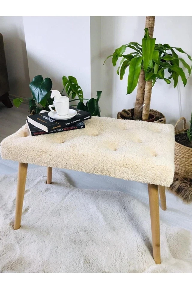 Pufe de banco otomano com pés de madeira - Cadeira moderna com botões - Banco de madeira - Imagem 3 de 3