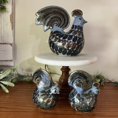 Vintage Fred Barbara Meiers Pottery Folk Art Glazed Painted Ceramic 3pc Chickens