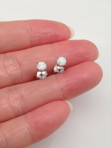 Dainty White Opal Stud Earrings 925 Sterling Silver Mini Post 3.5mm Simulated - Picture 4 of 7