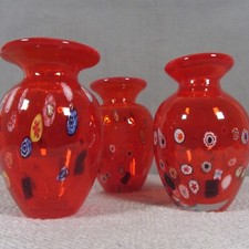Vintage Murano Glass Red Millefiori Vase Heavy Set Of 3 Read Item Description