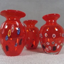 Vintage Murano Glass Red Millefiori Vase Heavy Set Of 3 Read Item Description