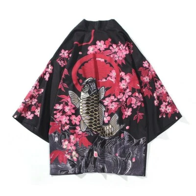 Herren 3/4 Ärmel Lockere Kimono Yukata Strickjacke Top Shirt Japanisch Sakura - Bild 1 von 4