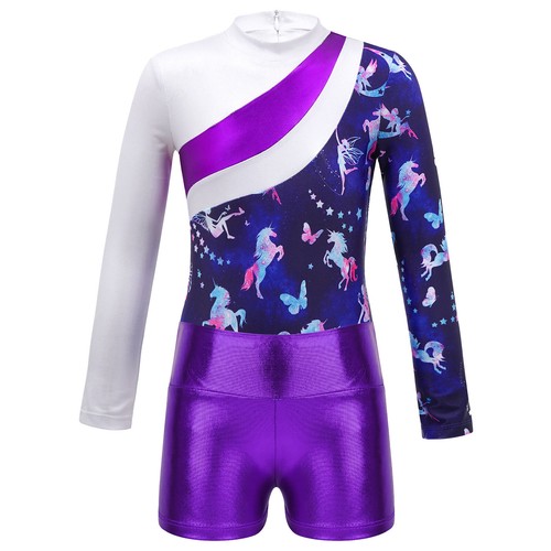 Kid Girls Shiny Athletic Dance Outfit Long Sleeve Ballet Leotard Shorts Biketard - Picture 6 of 42