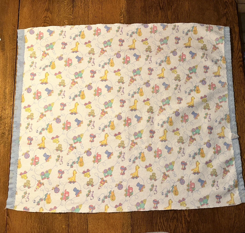 VTG Baby Blanket Satin Edge Trains Clowns Circus Animals Blue White AOP Made USA - Image 2 of 4