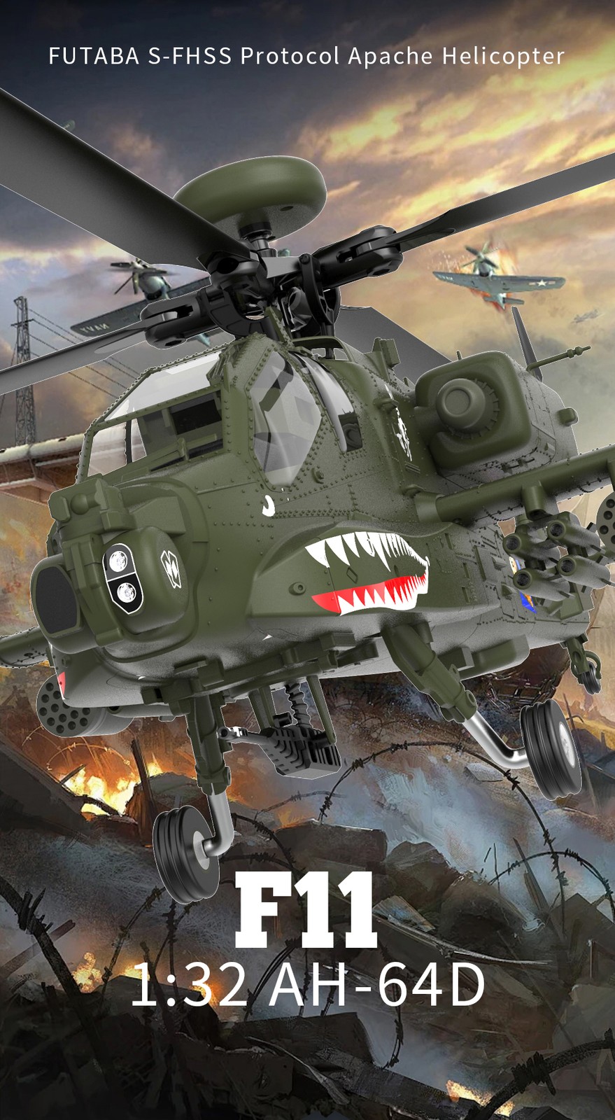 YU XIANG 3D Apache elicottero F11-S AH64D 2,4 GHz 6 canali, senza fotocamera/con 1 batteria foto 3