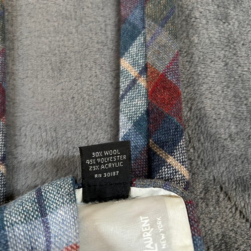 Yves Saint Laurent YSL Tie Wool Blend Plaid Heather Mist Italy Blue Red Mens - Picture 7 of 9