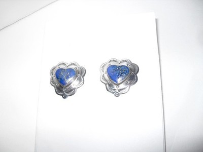 BOMA Signed Sterling Silver Embossed Southwest Lapis Lazuli Heart Post Earrings 