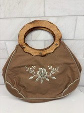 VTG 1970 Bermuda Handbag Crochet Embroidered Flowers  Wooden Handles Boho