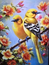 Diamond Art Kit Beautiful Wild Yellow Finches With Orange Flowers 12" X 12" DIY