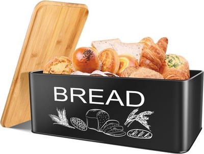 Black Bread Box Large Space Saving Vertical Metal Bread Box with Wooden Cutting