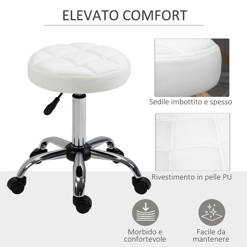 Sgabello Girevole Rotondo con Ruote in Finta Pelle Bianco 1WTJ41F88 1WTJ41F88 - Foto 5 di 9
