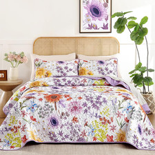 Purple Floral Quilt Set Queen Size, Lavender Summer Sunflower Botanical Bedsprea