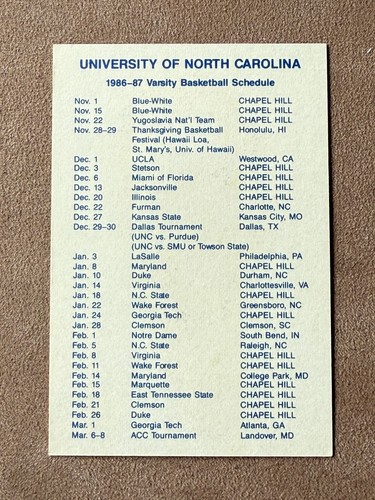 CBK 1986-87 NORTH CAROLINA TAR HEELS UNC Basketball Schedule KENNY SMITH - Foto 2 di 2