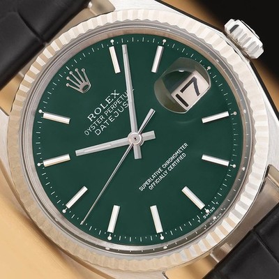 ROLEX DATEJUST 1601 GREEN DIAL 18K WHITE GOLD STEEL BLACK LEATHER BAND WATCH
