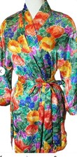 Vtg Victoria Secret Gold Label Floral Short Kimono Satin Robe M