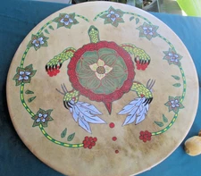 VINTAGE NATIVE AMERICAN MOTHER EARTH TURTLE  LOTUS PAINTED 18"  ANIMAL HIDE DRUM