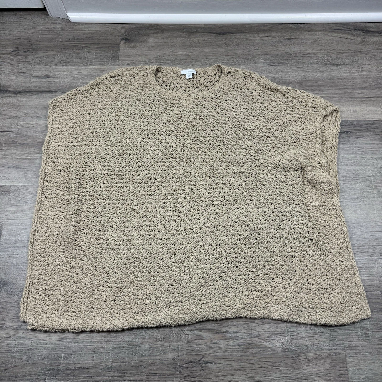 J. Jill Pure Jill Poncho Knit Crochet Sweater M/L Boho Coastal Beige Cotton