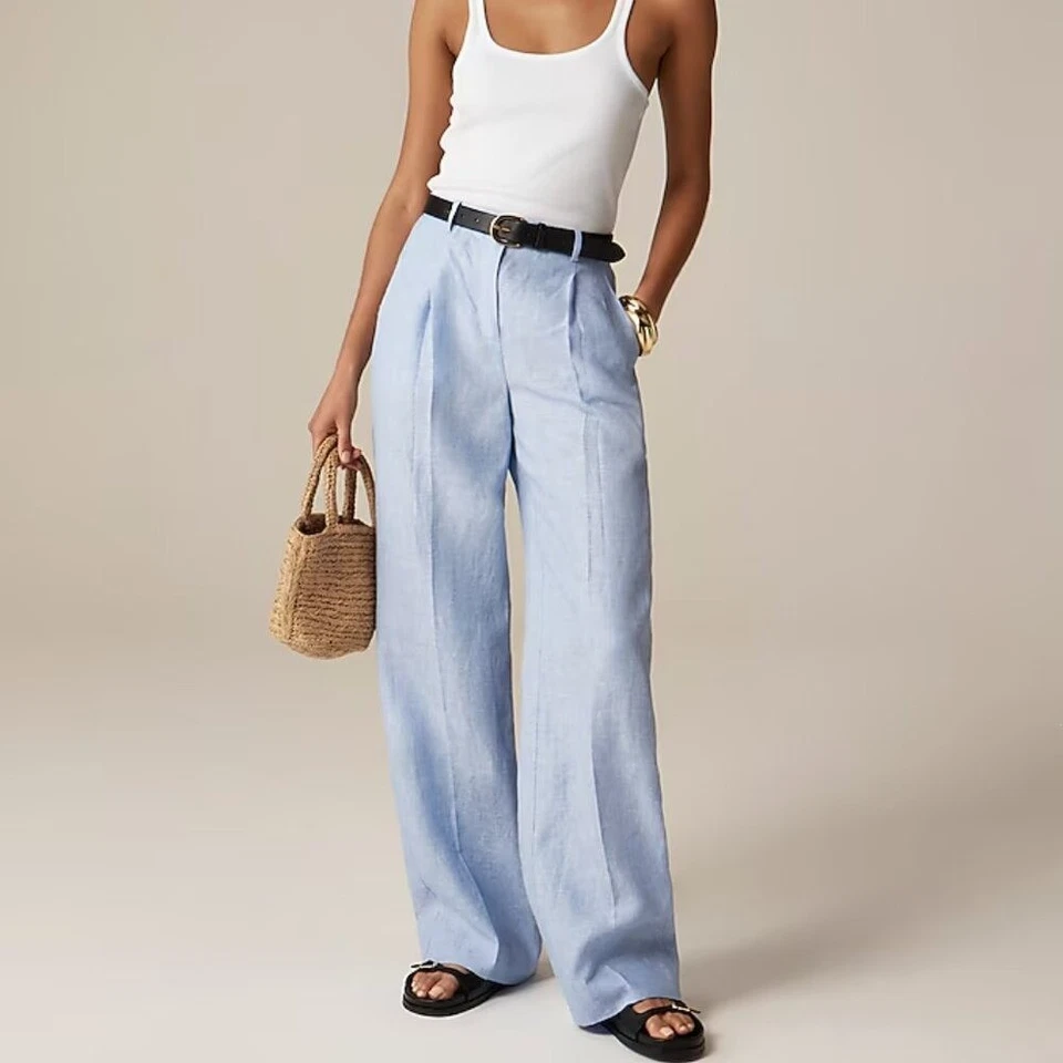 J. Pantalón Essential Crew Mujer Pierna Ancha en Lino Azul Francés Talla 2 Foto 2 de 4