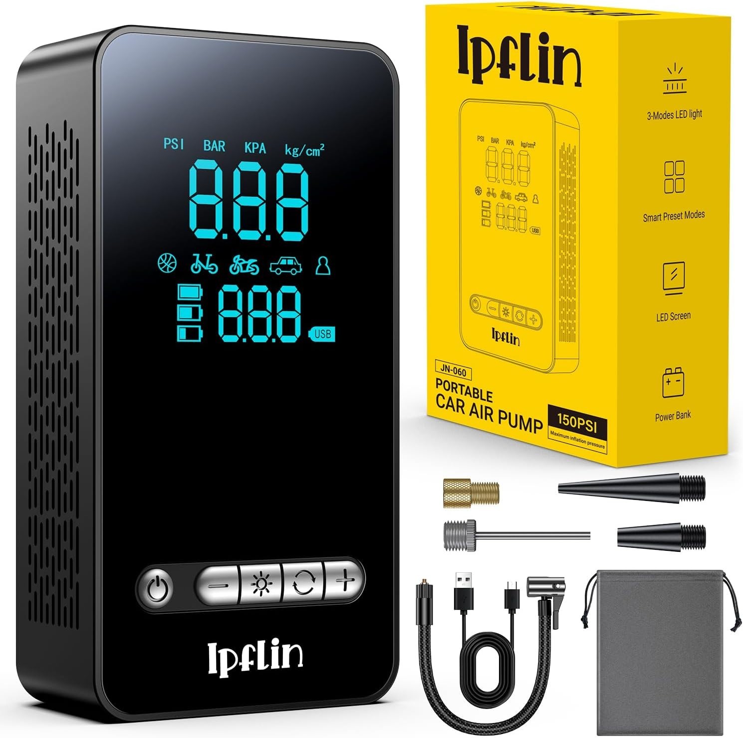 IPFLIN JN-060 Compressore Aria per pneumatici, pompa elettrica portatile