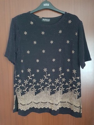 Get Rich Metalic Thread Top Blouse Glitter Floral Black & Bronze Size M