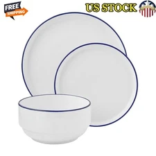 Contemporary Stoneware 12-Piece Dinnerware Set Blue Rim Microwave Safe New