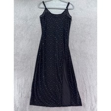 Shein Dress Womens L Black Rhinestone Sheer Slip Maxi Dress Front Slit Party