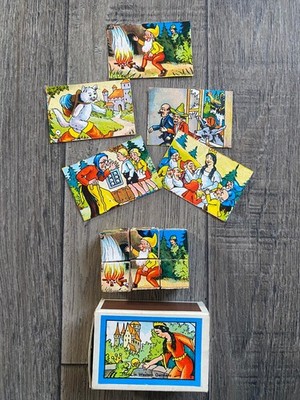 Vintage Miniatur Streichholzschachtel Holzblock Puzzle 6 Blöcke Deutsch Sammlerstück