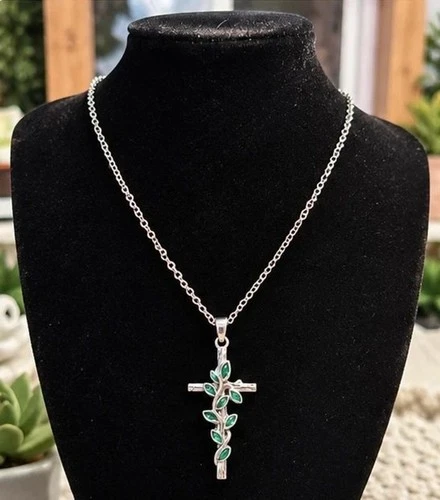Silver Tone Cross Necklace Green Leaf Vine Floral Pendant NWOT - product listing photo