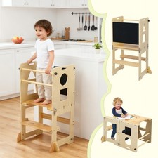 3-IN-1 Kids Toddler Wooden Learning Tower Kitchen Step Stool with Blackboard UK