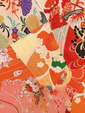 Vintage Silk Kimono Fabric Lucky Bag - Orange  Fabric Scraps - FP004