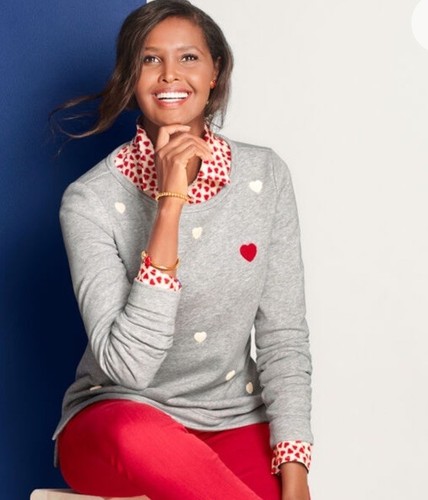 Talbots Heart Embellished Grey Sweatshirt Red White Hearts XS Side Slit - Picture 2 of 8