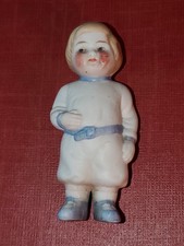 Vintage All Bisque Boy Doll 3" Molded Romper Clothes Painted Intaglio Eyes