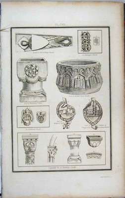 Original alter antiker Druck 1803 Lysons Berkeley Castle Grab Sodbury Font Sudley