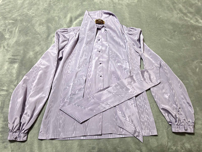Vintage Amanda Secretary Blouse Womens 13/14 Lavender Lilac Satin Pussy Bow Tie