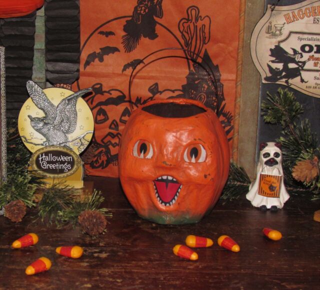 Bethany Lowe Antique Style Halloween Paper Mache Jack-O-Lantern Pumpkin Bucket Bethany Lowe Antique Style Halloween Paper Mache Jack-O-Lantern Pumpkin Bucket