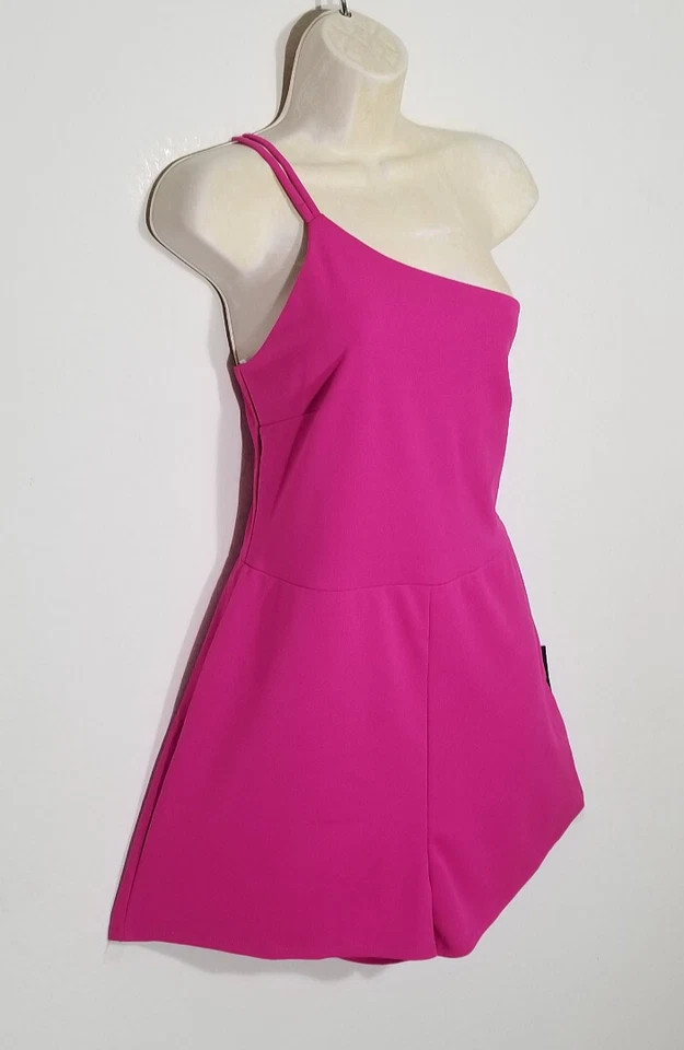 Lulus Women Size XL Hot Pink Romper One Shoulder Double Straps Stretch Lined NEW - Image 3 of 4