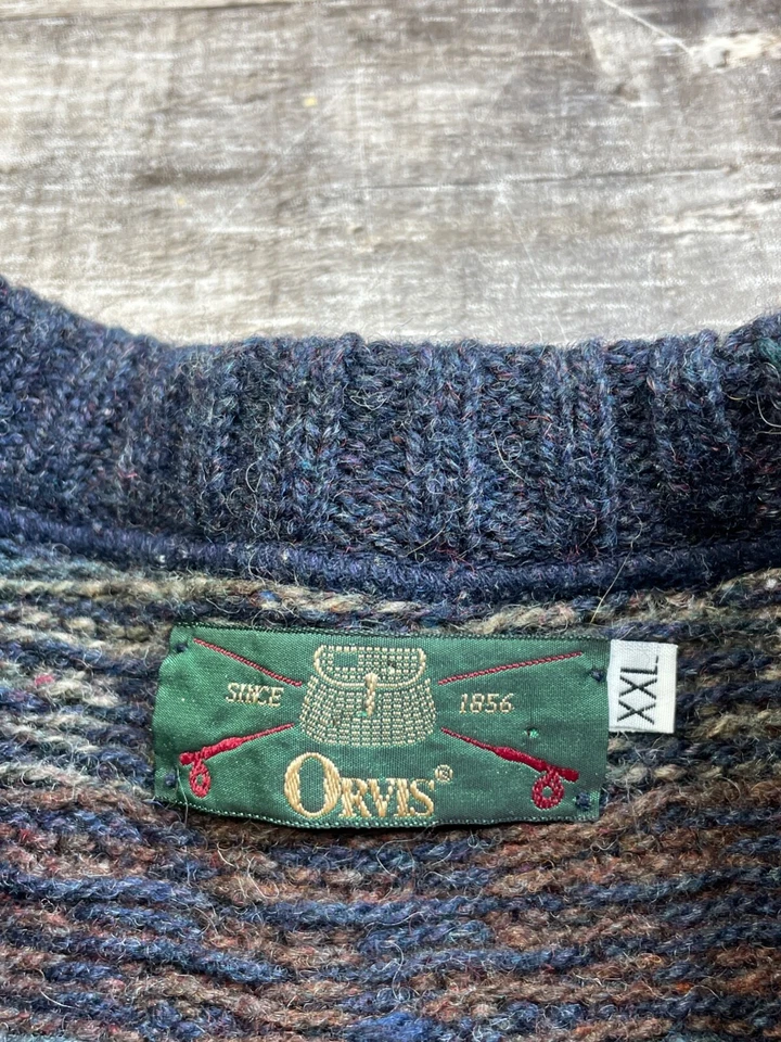Suéter masculino Orvis vintage XL azul lã gola redonda malha pescador multicolorido feito nos EUA - Imagem 4 de 4