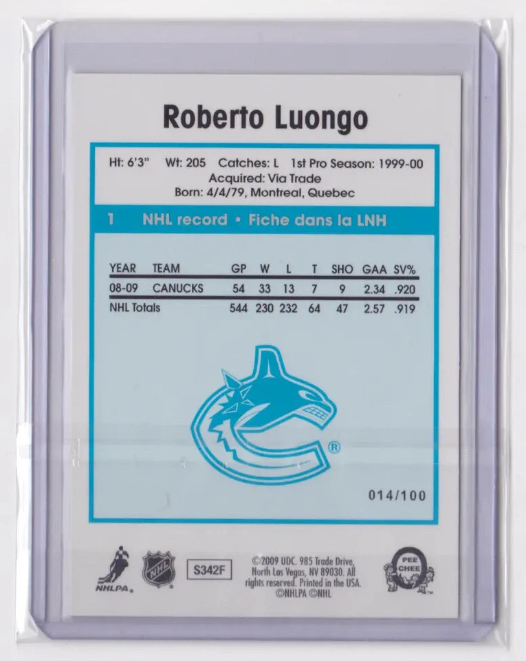 2009-10 O-PEE-CHEE RETRO RAINBOW BASE 14/100 ROBERTO LUONGO #1 VANCOUVER CANUCKS - Image 2 of 2
