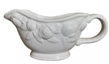Signature Stoneware White Gravy Boat Embossed Fruits 7.5"  2.5 cups China (CHIP)